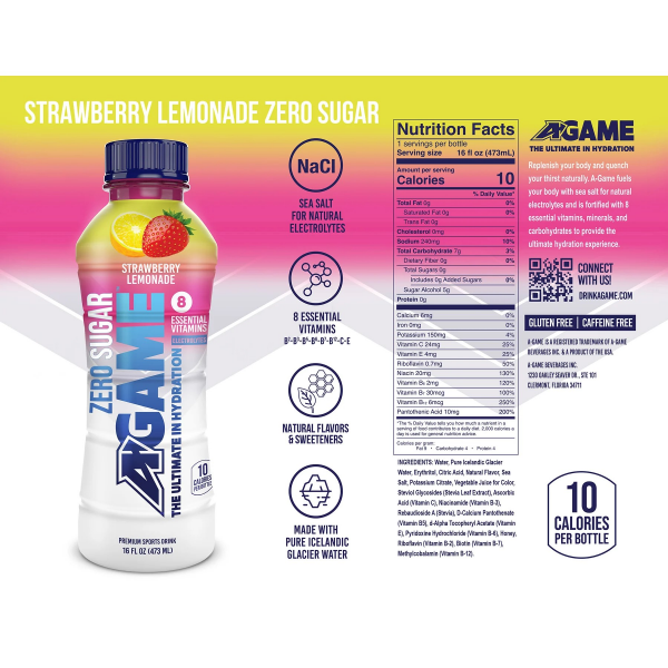 slide 4 of 5, A-Game Zero Sugar Premium Strawberry Lemonade Sports Drink - 16 fl oz, 16 oz