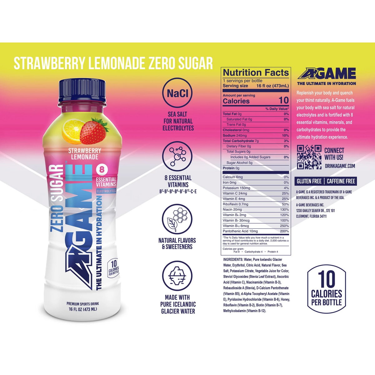 slide 3 of 5, A-Game Zero Sugar Premium Strawberry Lemonade Sports Drink - 16 fl oz, 16 oz