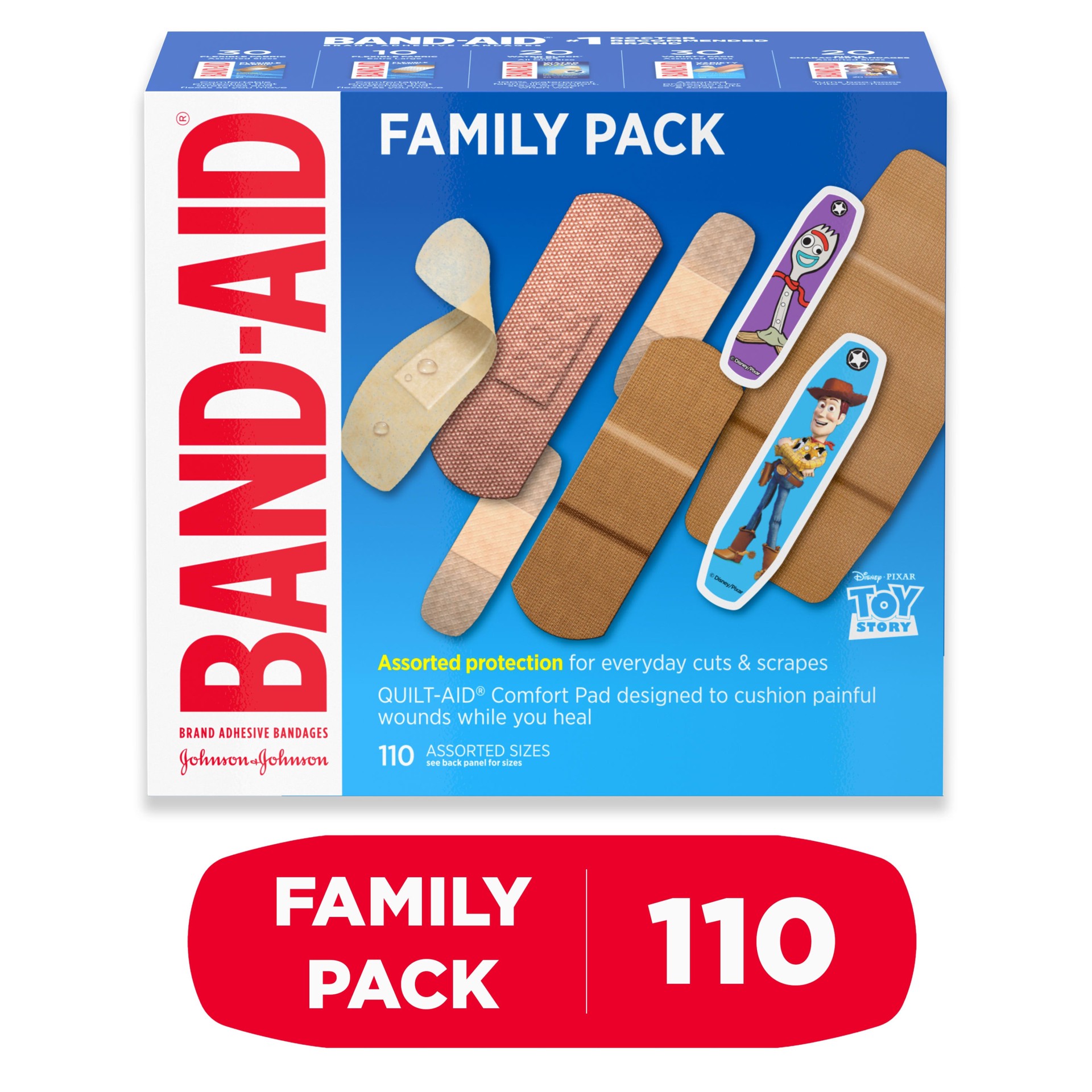 slide 1 of 9, BAND-AID Adhesive Bandage Family Variety Pack in Assorted Sizes Featuring Water Block Flex, Flexible Fabric, Skin-Flex, Tough Strips & Pixar Character Bandages, 110 ct, 110 ct