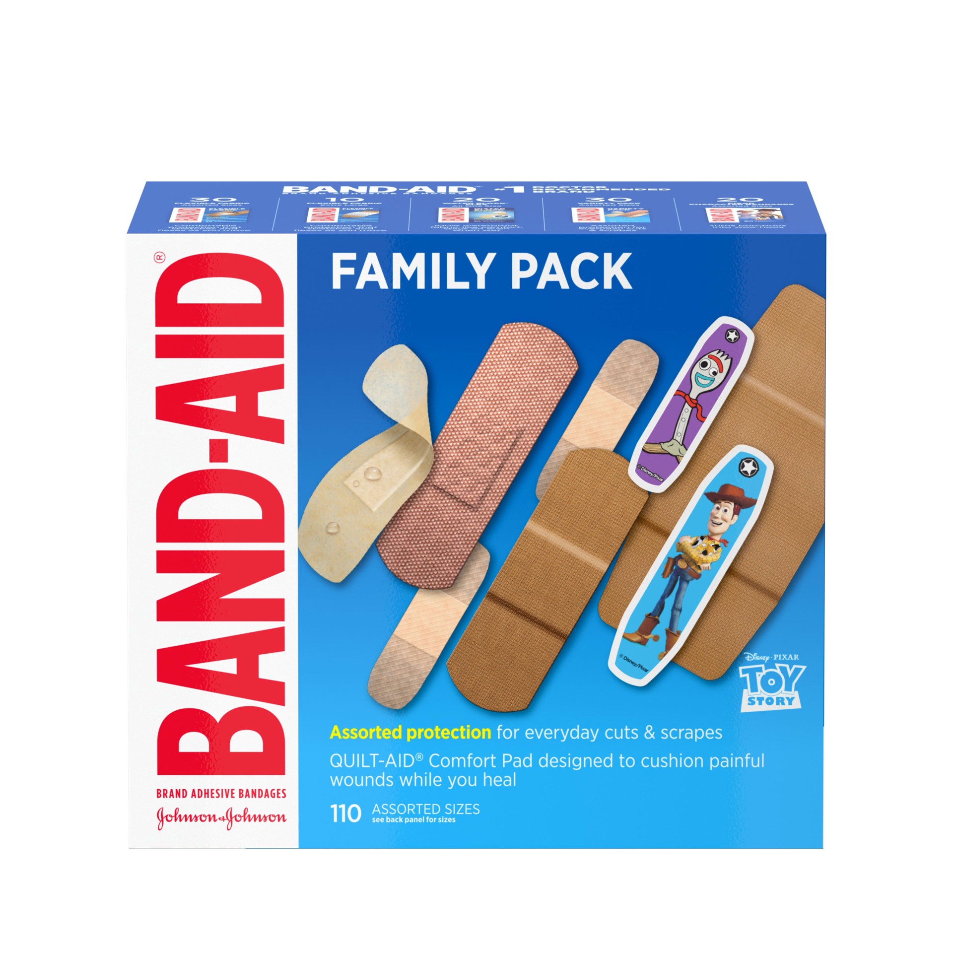 slide 1 of 9, BAND-AID Adhesive Bandage Family Variety Pack in Assorted Sizes Featuring Water Block Flex, Flexible Fabric, Skin-Flex, Tough Strips & Pixar Character Bandages, 110 ct, 110 ct