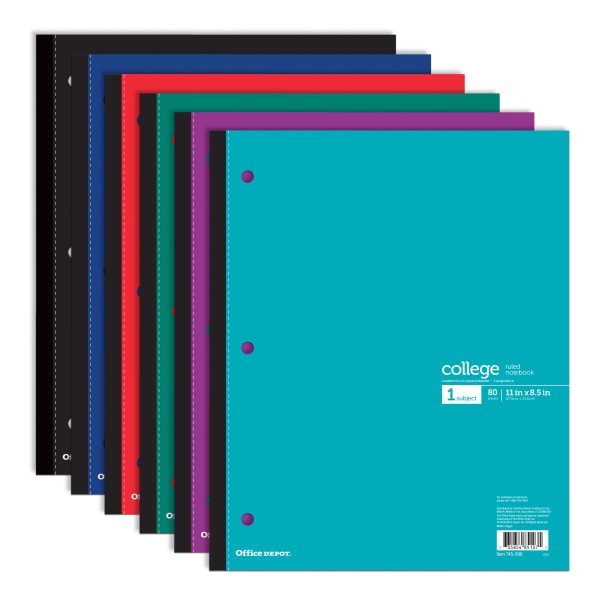 slide 1 of 7, Office Depot Brand Wireless Notebook, 9'' X 11'', 1 Subject, College Ruled, 80 Sheets, Assorted Colors, 80 ct