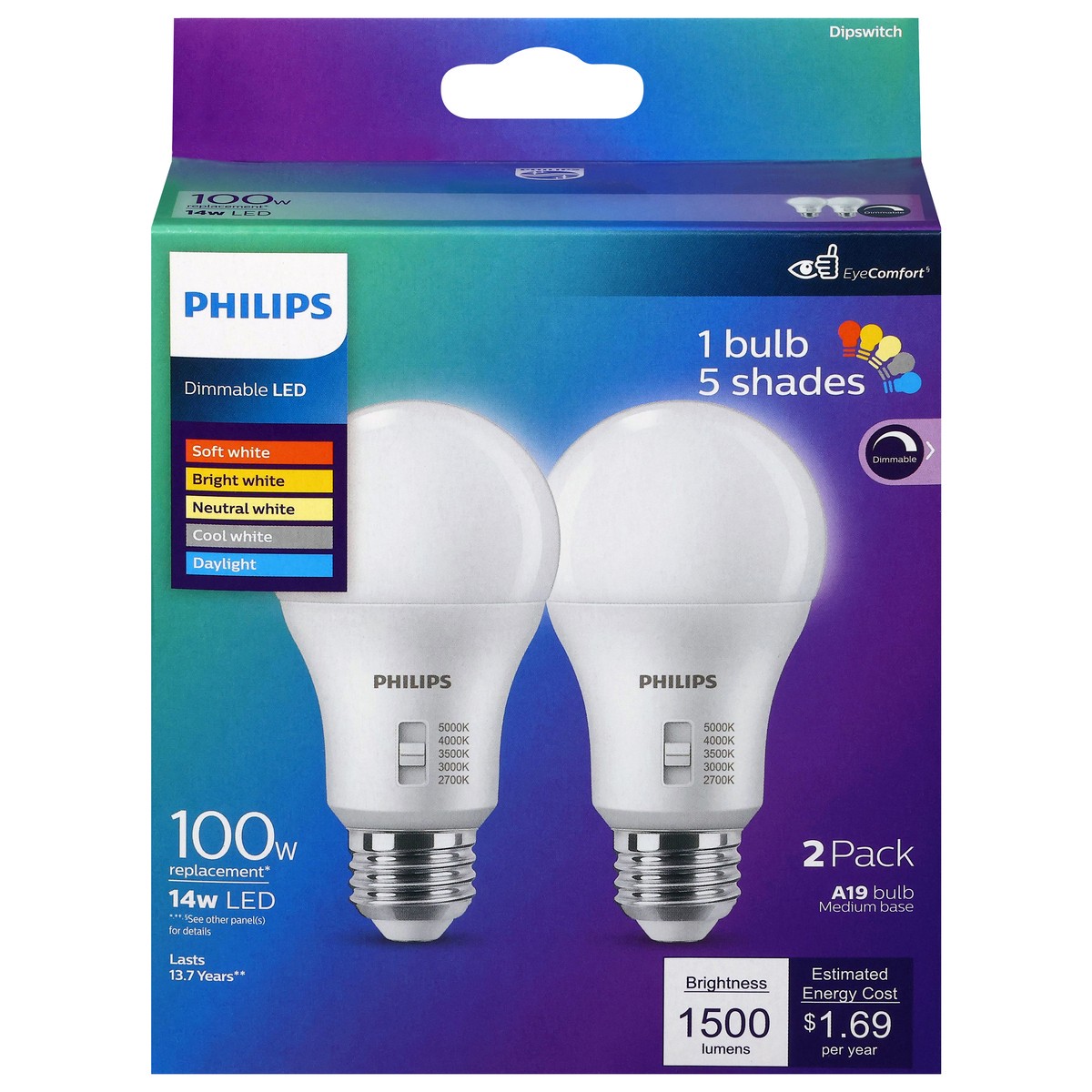 slide 1 of 14, Philips 14-Watt A19 Dimmable LED Light Bulb - Multiple Shades, 2 ct