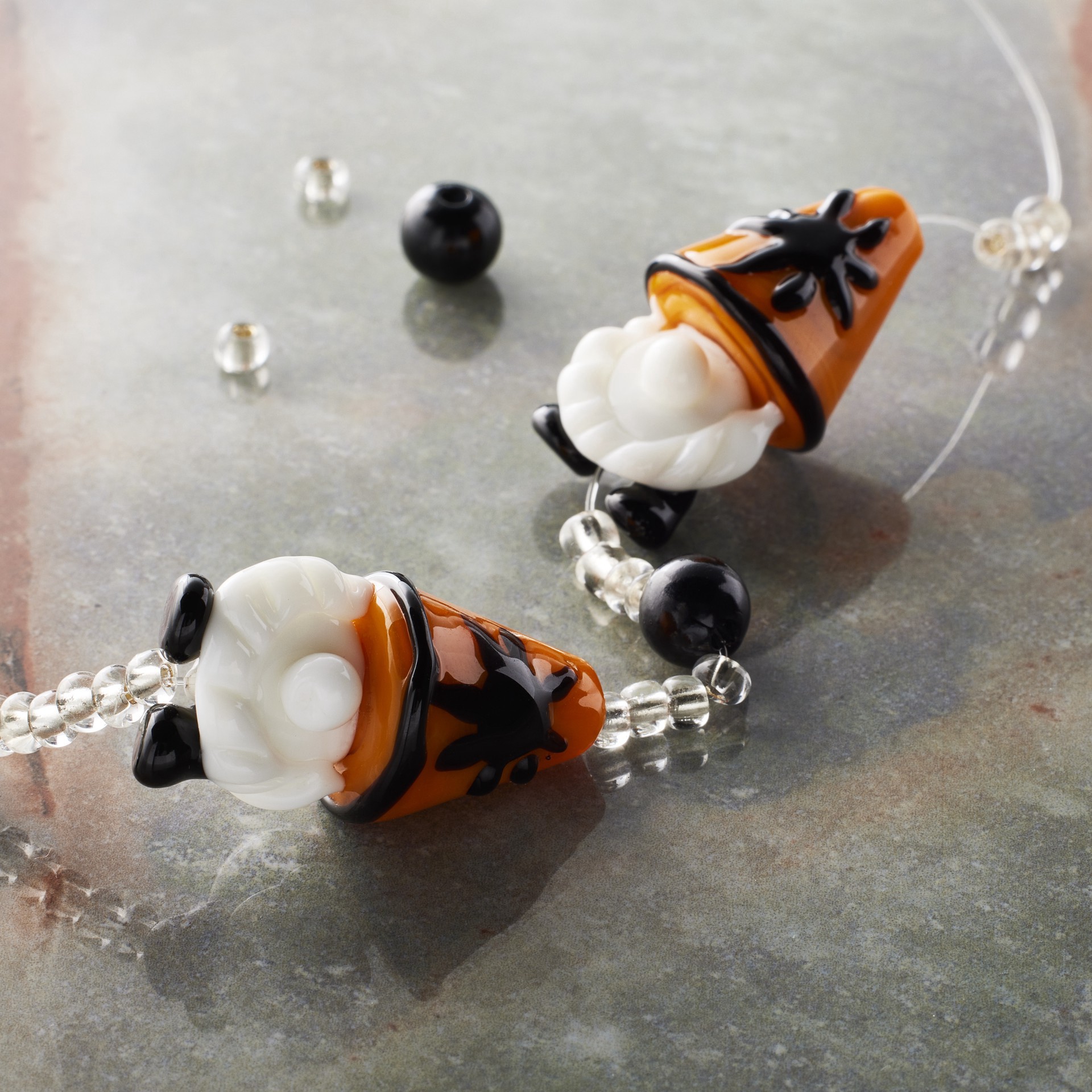 slide 3 of 3, Halloween Gnome Lampwork Glass Bead Mix By Bead Landing, 31mm x 16.5mm to 34mm x 19.5mm halloween gnome