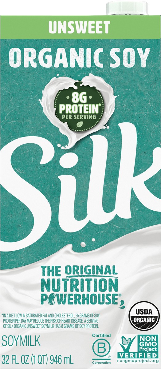 slide 8 of 9, Silk Shelf-Stable Organic Soy Milk, Unsweetened, Dairy-Free, Vegan, Non-GMO Project Verified, 1 Quart, 32 fl oz