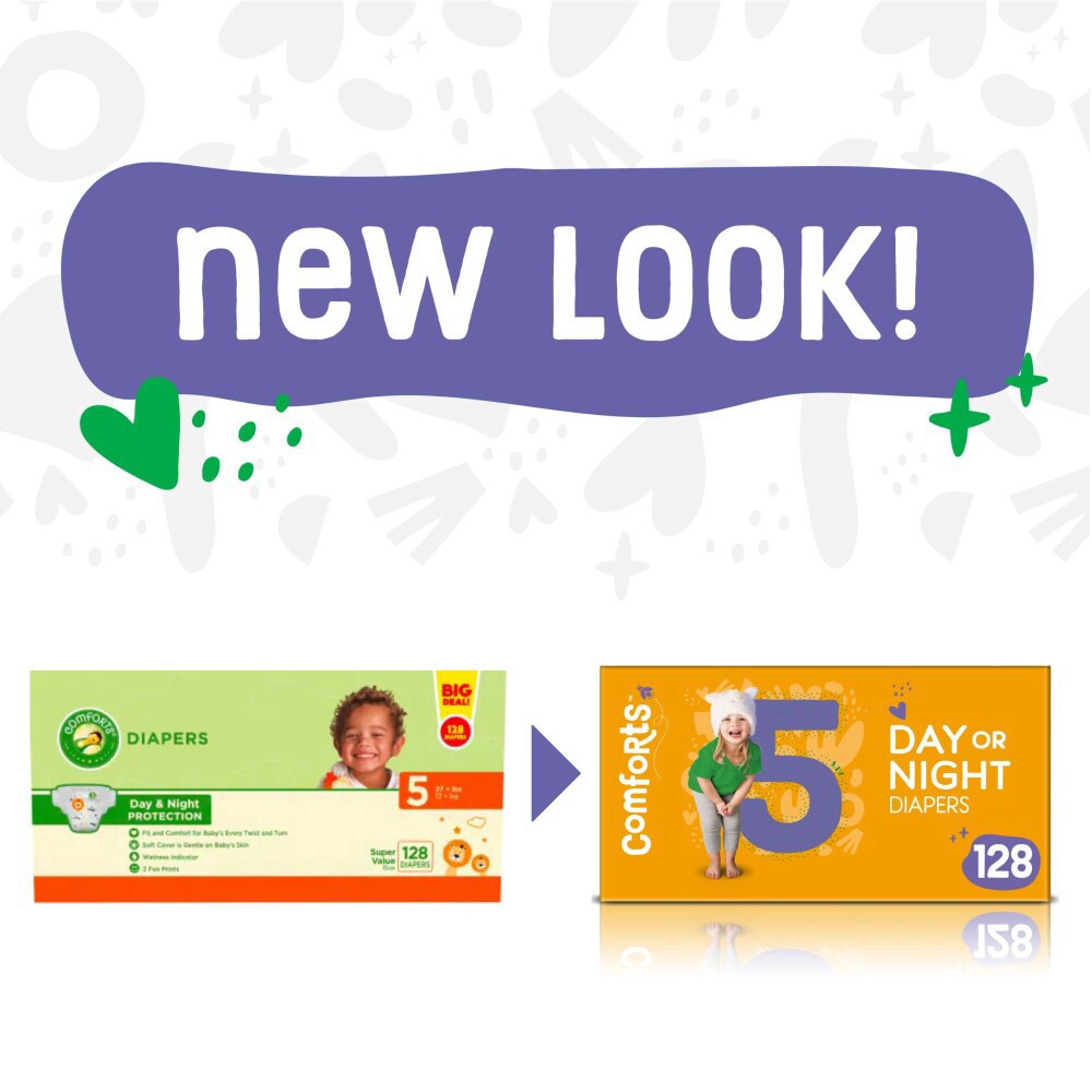 slide 3 of 6, Comforts Size 5 Day Or Night Diapers Super Value Box, 128 ct