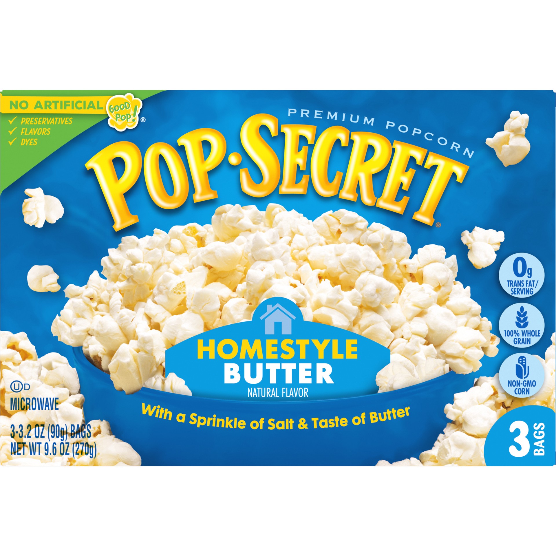 slide 2 of 5, Pop-Secret Microwave Popcorn, Homestyle Butter Flavor, 3.2 Oz Sharing Bags, 3 Ct, 9.6 oz