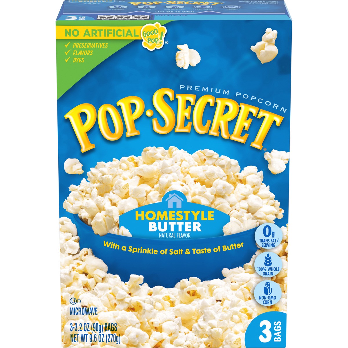 slide 1 of 5, Pop-Secret Microwave Popcorn, Homestyle Butter Flavor, 3.2 Oz Sharing Bags, 3 Ct, 9.6 oz