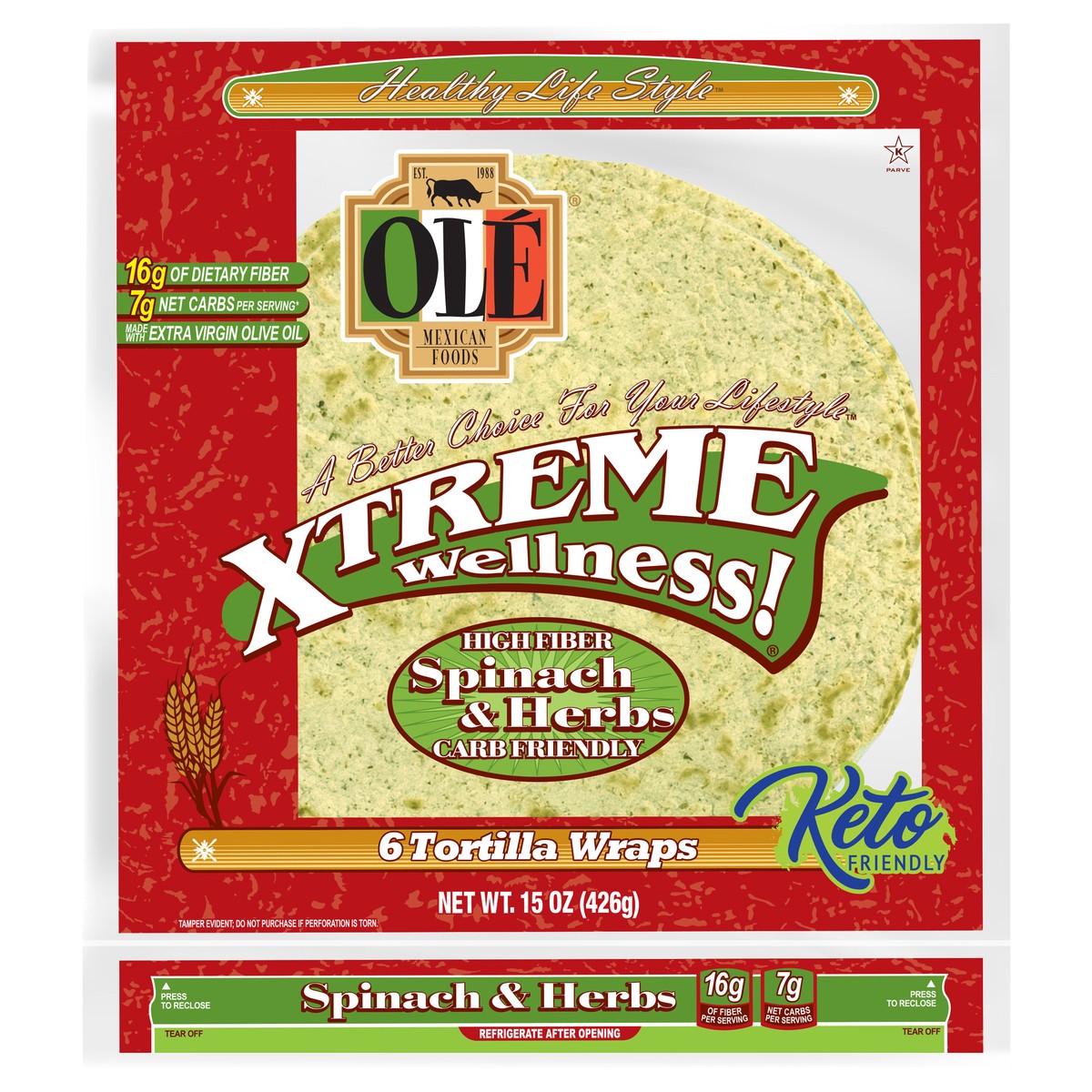 slide 1 of 1, Olé Xtreme Wellness Spinach & Herbs 10" Tortillas, Keto Friendly, 6 ct