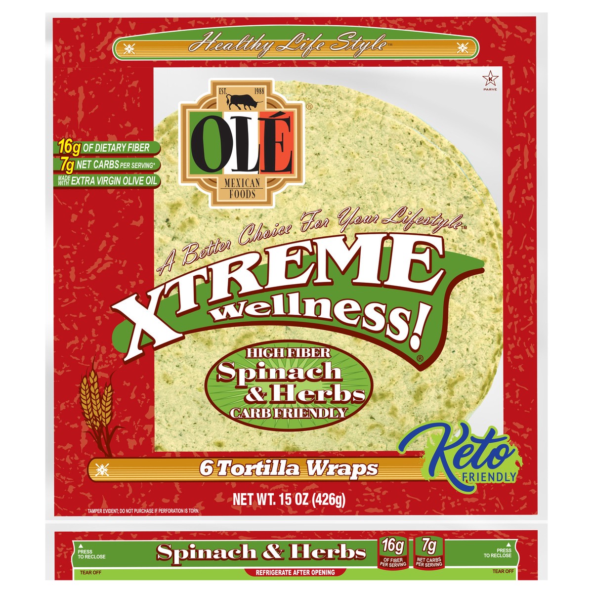 slide 1 of 1, Olé Mexican Foods Olé Xtreme Wellness Spinach & Herbs, 10" Tortillas, Keto Friendly, 6 ct; 15 oz