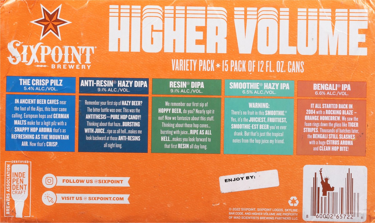 slide 10 of 10, Sixpoint Brewery Higher Volume Variety Pack 15 Pack 12 fl oz. Cans, 12 oz