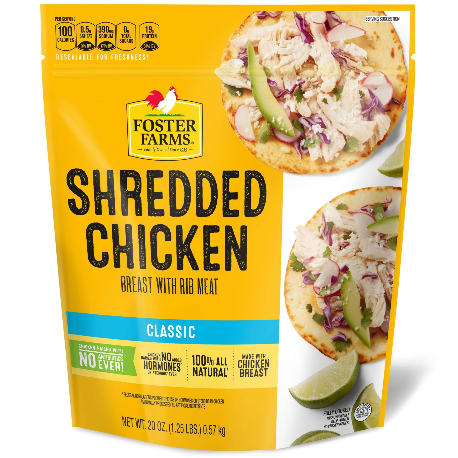 slide 1 of 3, Foster Farms Shredded Chicken Breast With Rib Meat, 20 oz