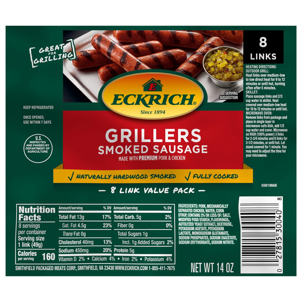 slide 1 of 7, Eckrich Smoked Sausage Grillers, 14 oz, 8 ct
