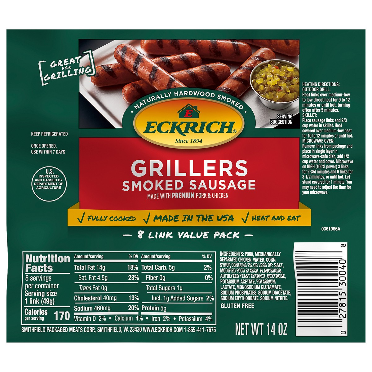 slide 1 of 7, Eckrich Smoked Sausage Grillers, 14 oz, 8 ct