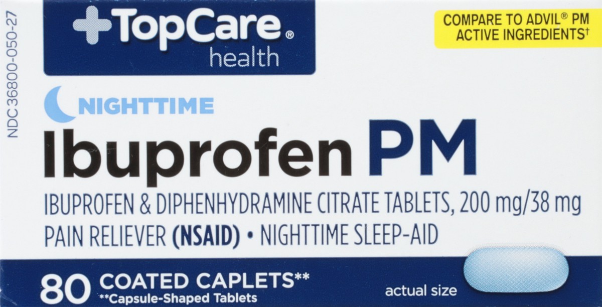 slide 5 of 9, TopCare Ibuprofen Pm 200 Mg Pain Reliever (nsaid) & Diphenhydramine Citrate 38 Mg Nighttime Sleep-aid Coated Caplets, 80 ct