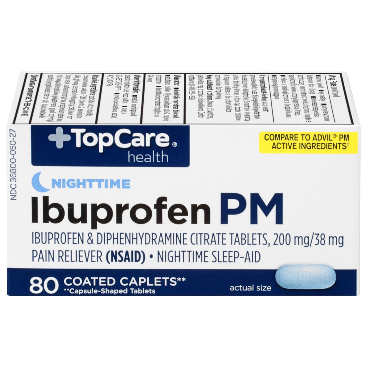 slide 1 of 9, TopCare Ibuprofen Pm 200 Mg Pain Reliever (nsaid) & Diphenhydramine Citrate 38 Mg Nighttime Sleep-aid Coated Caplets, 80 ct