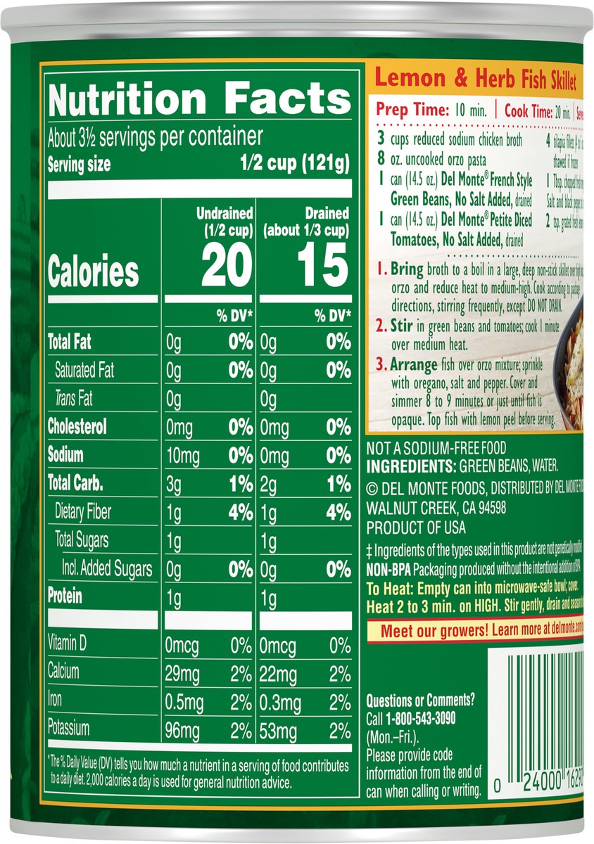 slide 6 of 7, Del Monte No Salt Added French Style Green Beans, 14.5 oz Can, 14.5 oz