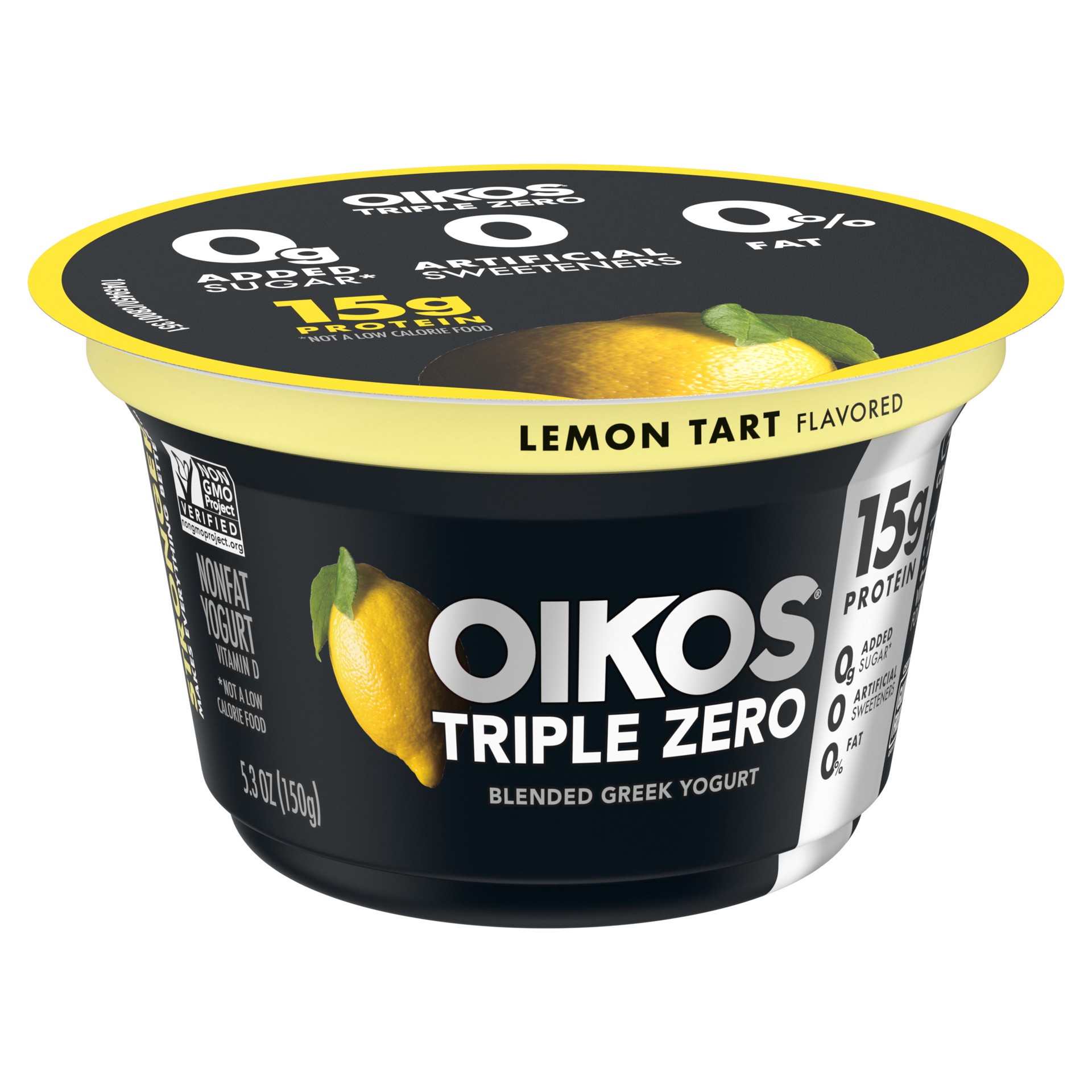 slide 4 of 5, Oikos Triple Zero Lemon Tart Nonfat Greek Yogurt, 0% Fat, 0g Added Sugar and 0 Artificial Sweeteners, Just Delicious High Protein Yogurt, 5.3 OZ Cup, 5.3 oz