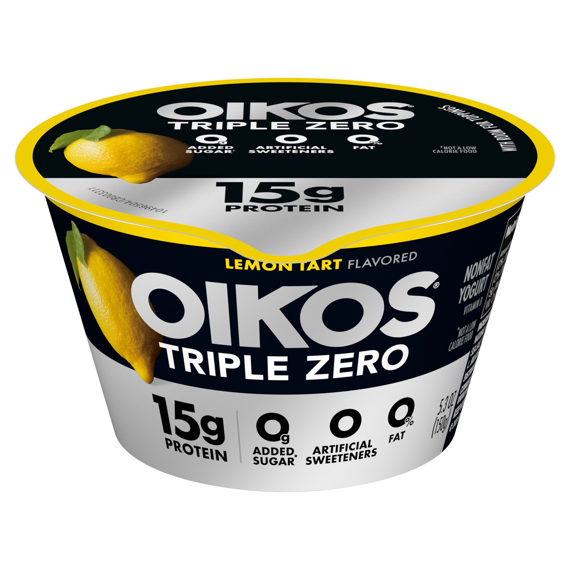 slide 1 of 5, Oikos Triple Zero Lemon Tart Nonfat Greek Yogurt, 0% Fat, 0g Added Sugar and 0 Artificial Sweeteners, Just Delicious High Protein Yogurt, 5.3 OZ Cup, 5.3 oz
