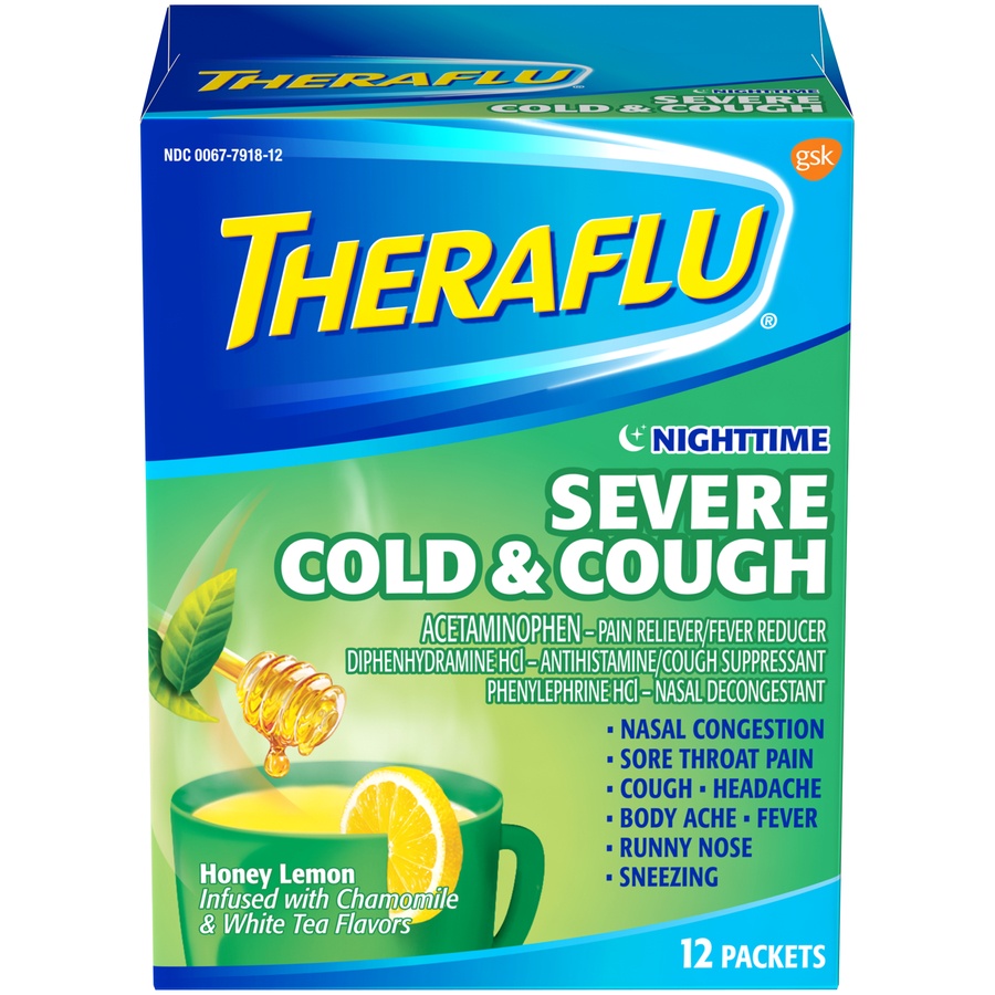 slide 1 of 1, Theraflu Nighttime Severe Cold & Cough Powder - Honey Lemon & White Tea, 12 ct