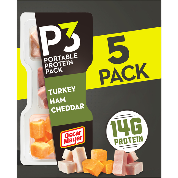 slide 1 of 1, P3 Portable Protein Pack with Turkey, Ham & Cheddar Cheese, 5 ct Pack, 2.3 oz Trays, 11.5 oz