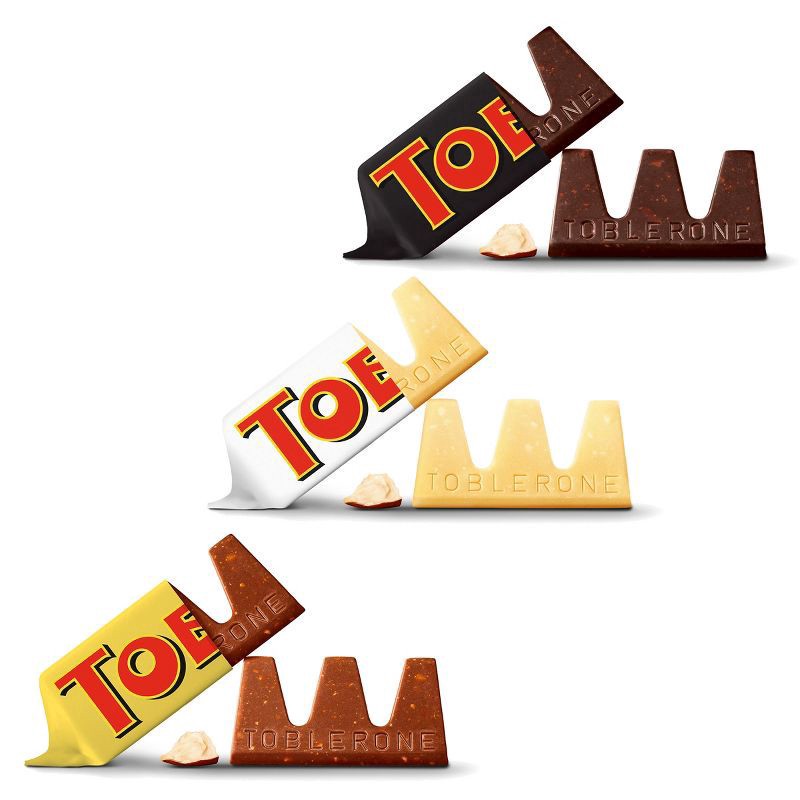 slide 6 of 15, TOBLERONE Tiny Assorted Chocolate Bars Variety Pack (Milk, Dark, & White), 1 Gift Bag (15 Pieces), 4.23 oz