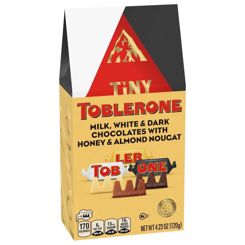 slide 4 of 15, TOBLERONE Tiny Assorted Chocolate Bars Variety Pack (Milk, Dark, & White), 1 Gift Bag (15 Pieces), 4.23 oz
