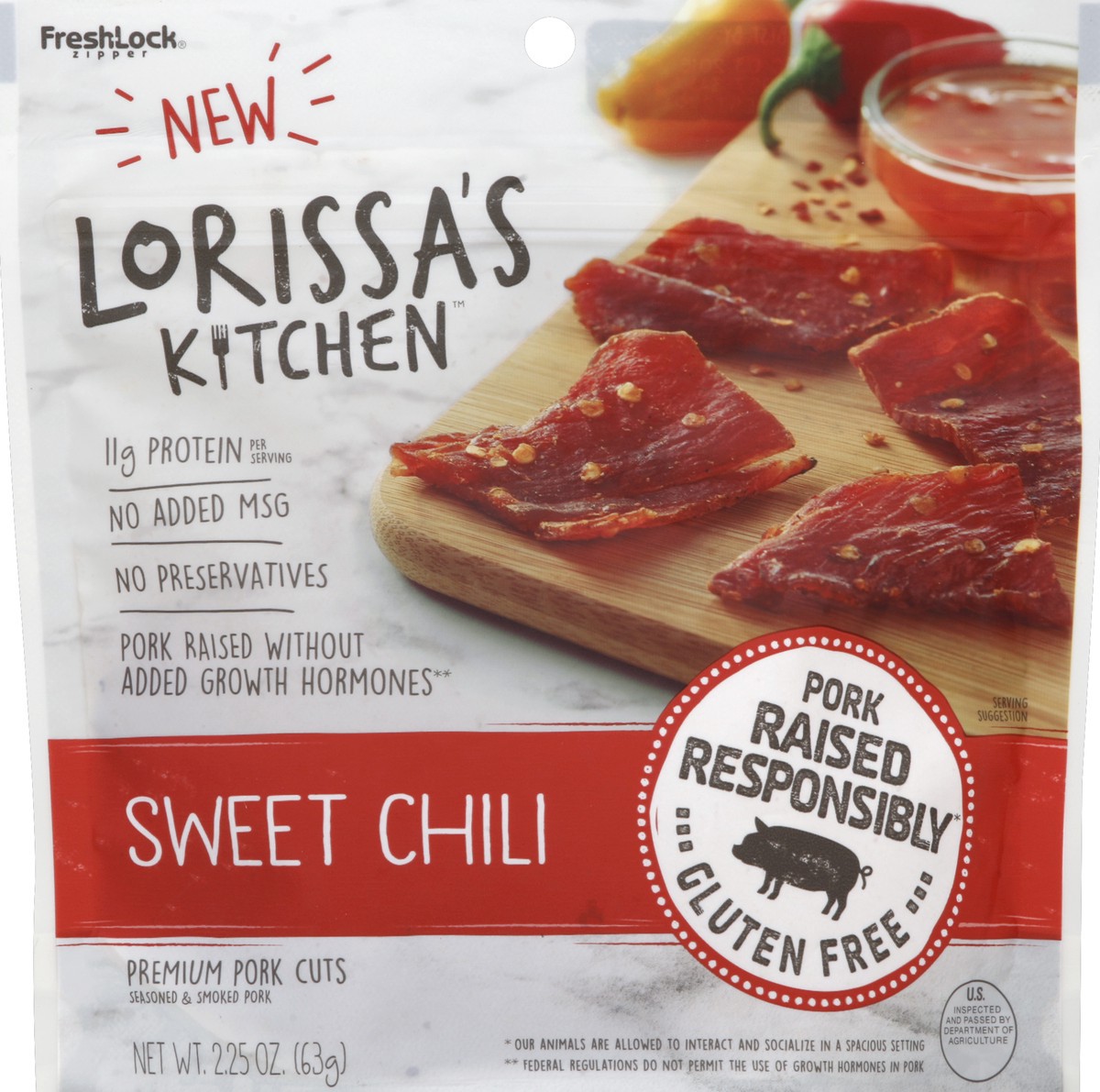 slide 2 of 3, Lorissa's Kitchen Pork Cuts, Premium, Sweet Chili, 2.25 oz