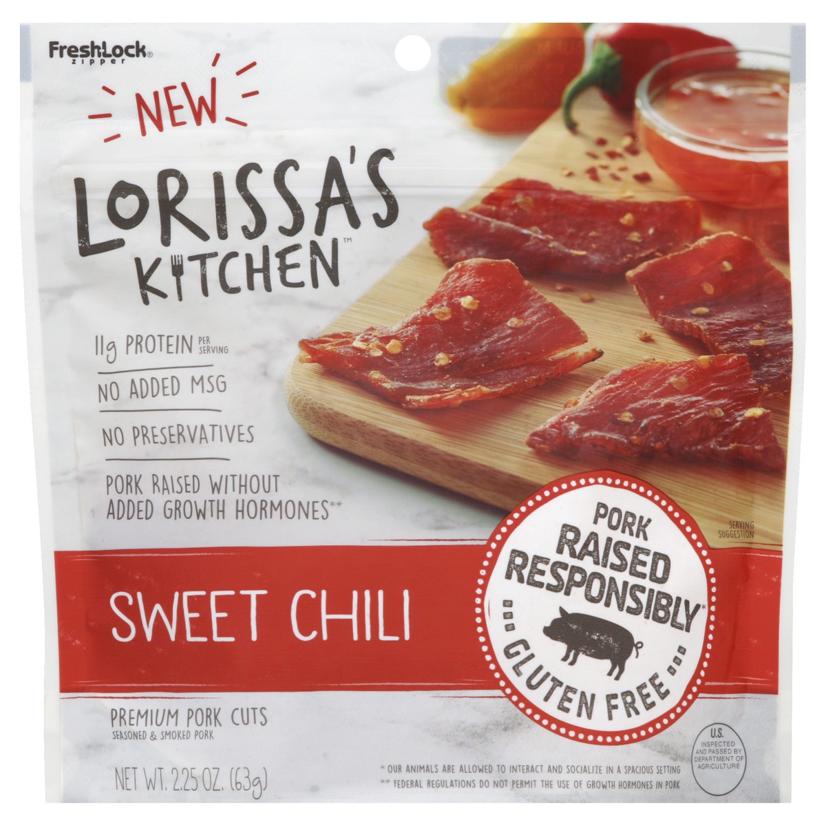 slide 3 of 3, Lorissa's Kitchen Pork Cuts, Premium, Sweet Chili, 2.25 oz