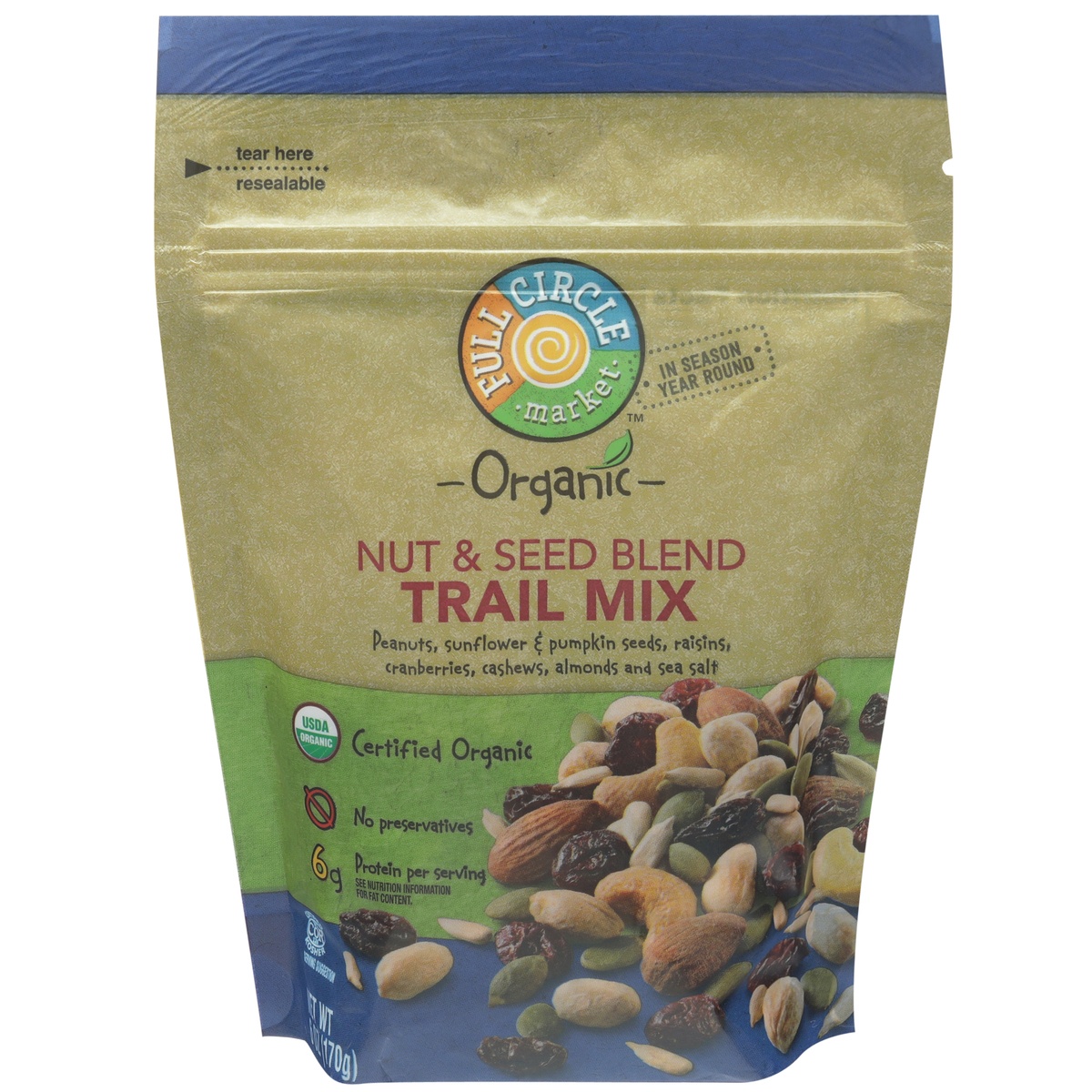 slide 1 of 1, Full Circle Market Nut & Seed Blend Peanuts, Sunflower & Pumpkin Seeds, Raisins, Cranberries, Cashews, Almonds And Sea Salt Trail Mix, 6 oz