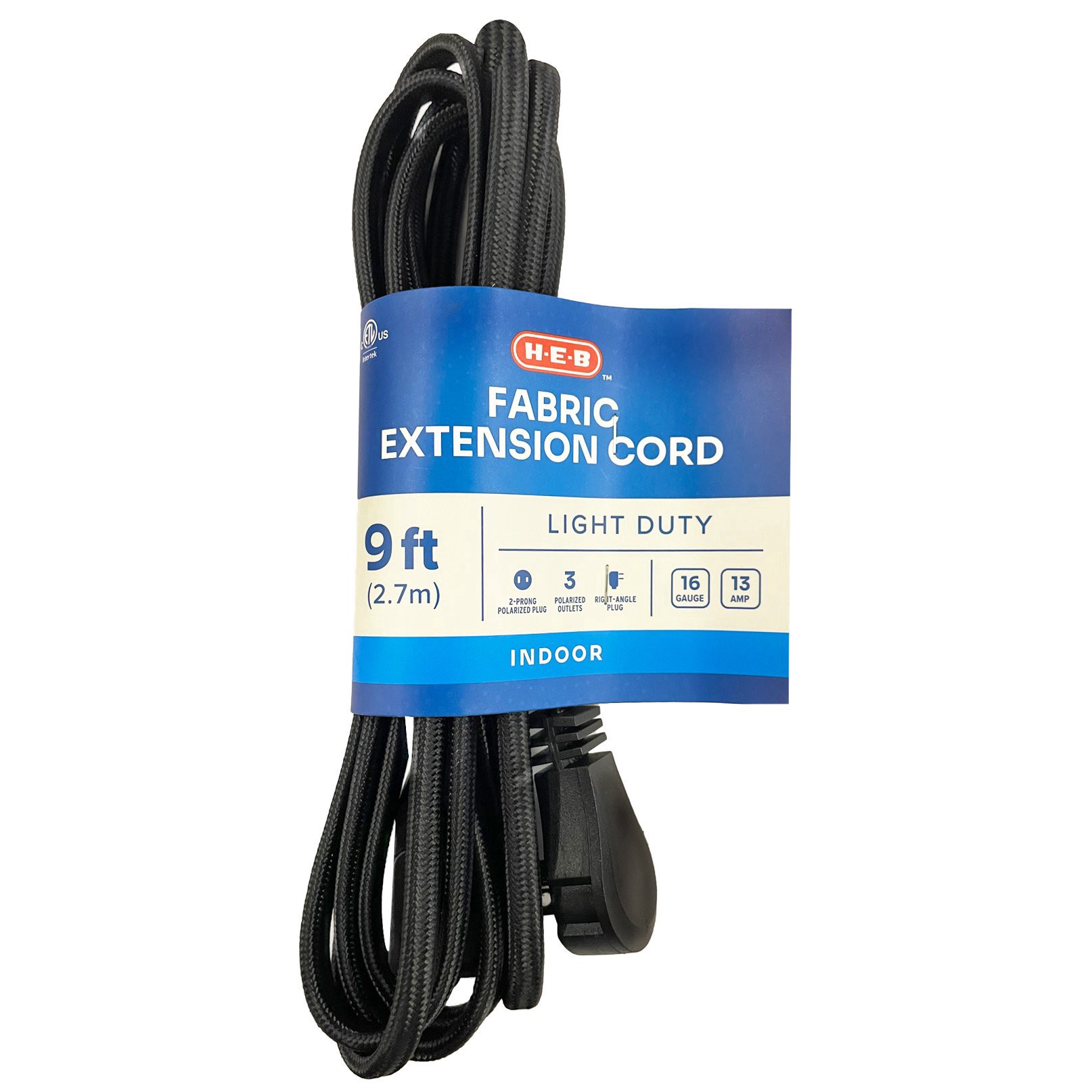 slide 1 of 1, H-E-B Indoor Fabric Extension Cord - Black, 9 ft