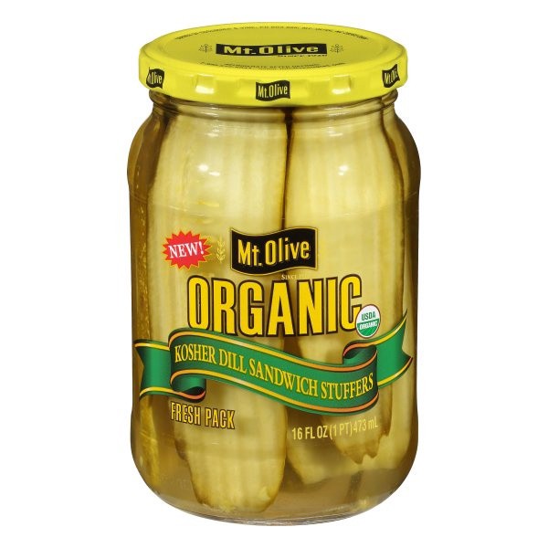 slide 1 of 6, Mt. Olive Organic Sandwich Stuffers Pickles, 16 fl oz