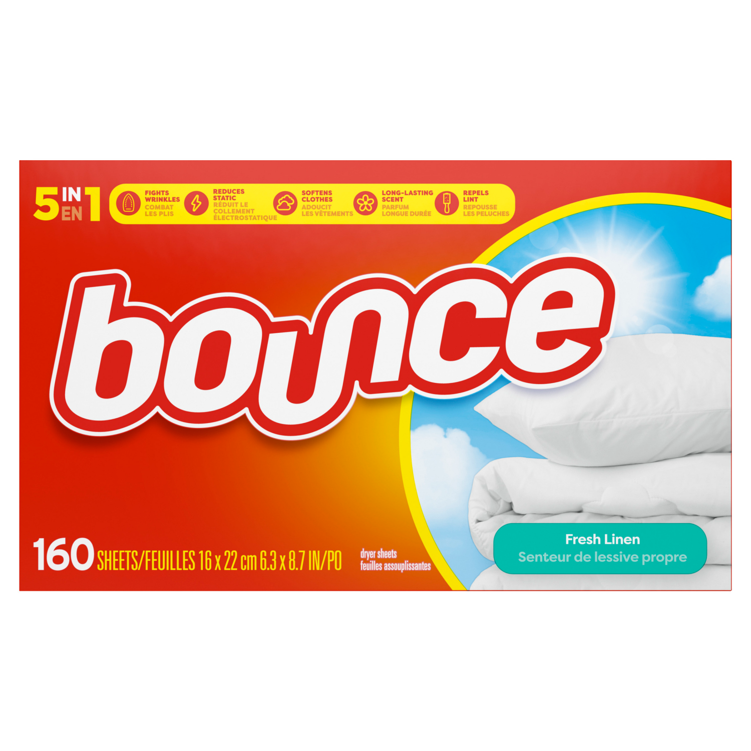 slide 3 of 8, Bounce Dryer Sheets, 160 count, Fresh Linen Scent, Fabric Softener Sheets, Reduces Static, Softens and Fights Wrinkles, 160 ct