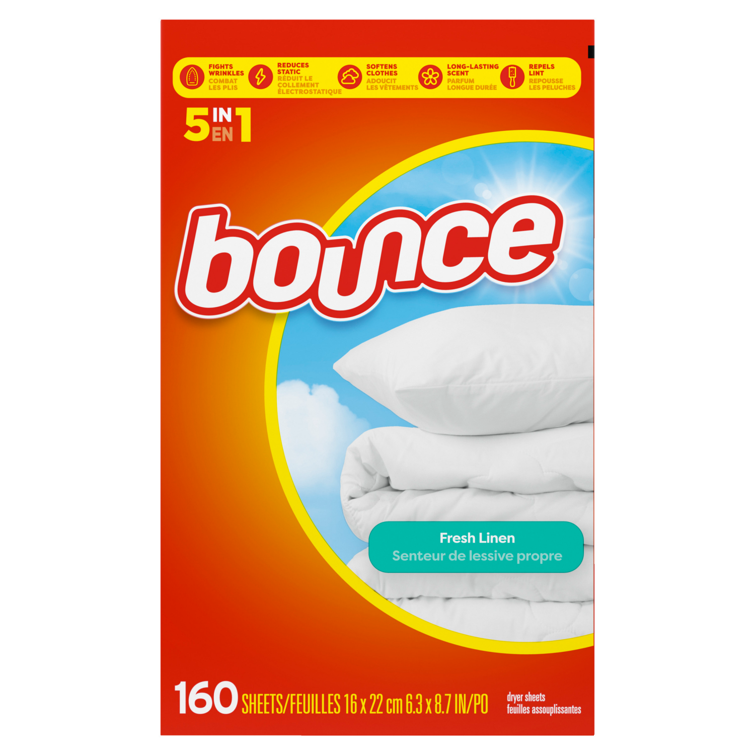 slide 5 of 8, Bounce Dryer Sheets, 160 count, Fresh Linen Scent, Fabric Softener Sheets, Reduces Static, Softens and Fights Wrinkles, 160 ct