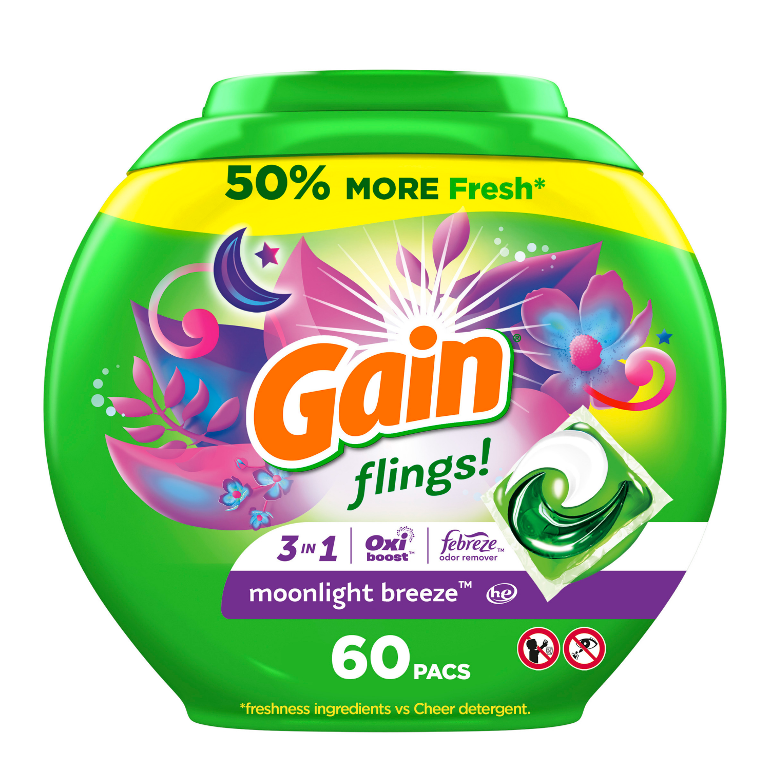 slide 1 of 5, Gain Flings Laundry Detergent Pacs, 60 Count, Moonlight Breeze Scent, with Odor Defense, concentrated laundry soap pacs, 60 ct