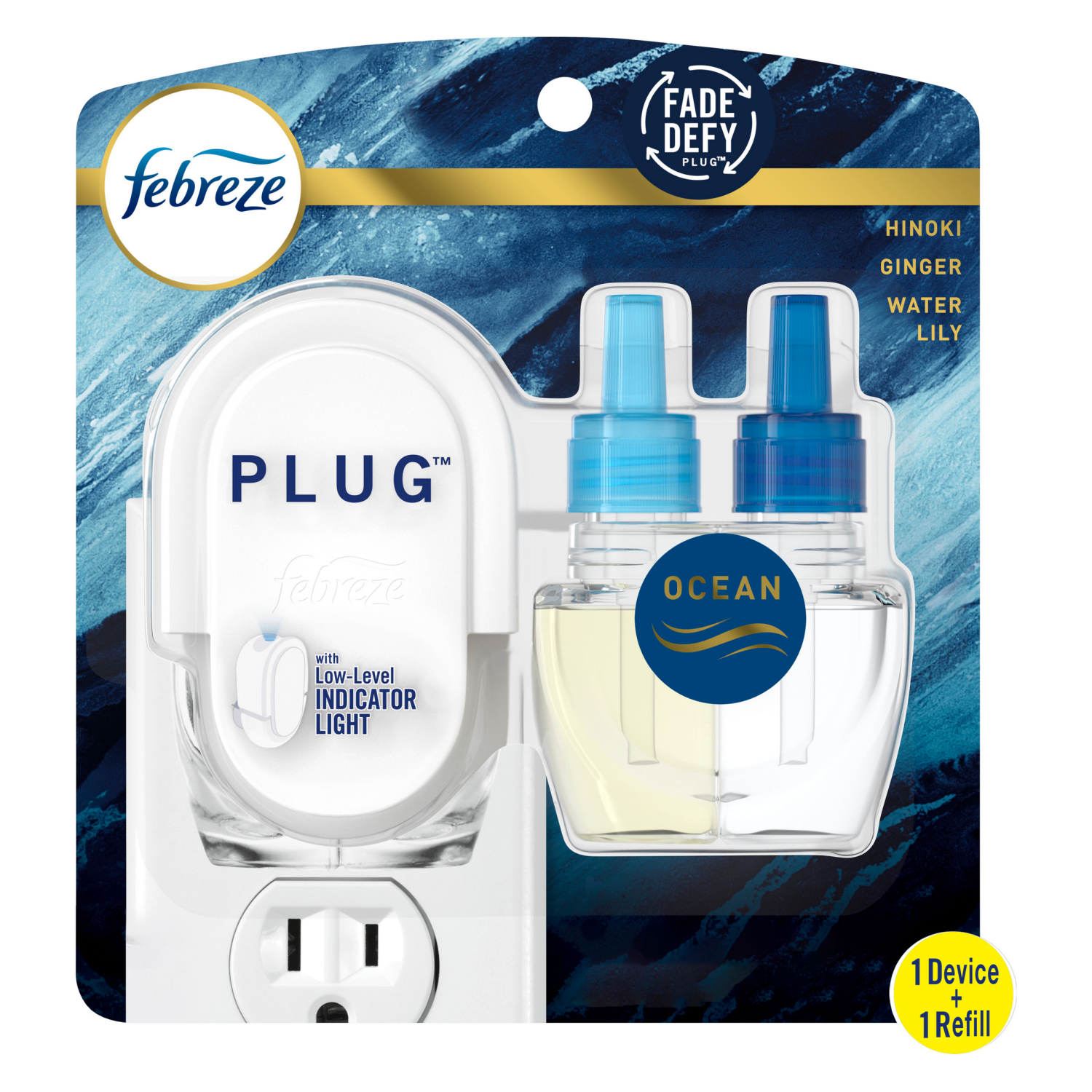 slide 1 of 8, Febreze Plug In Air Freshener, Odor-Fighting Scented Oil Starter Kit, Ocean, Warmer + 1 Refill, 0.87 fl oz