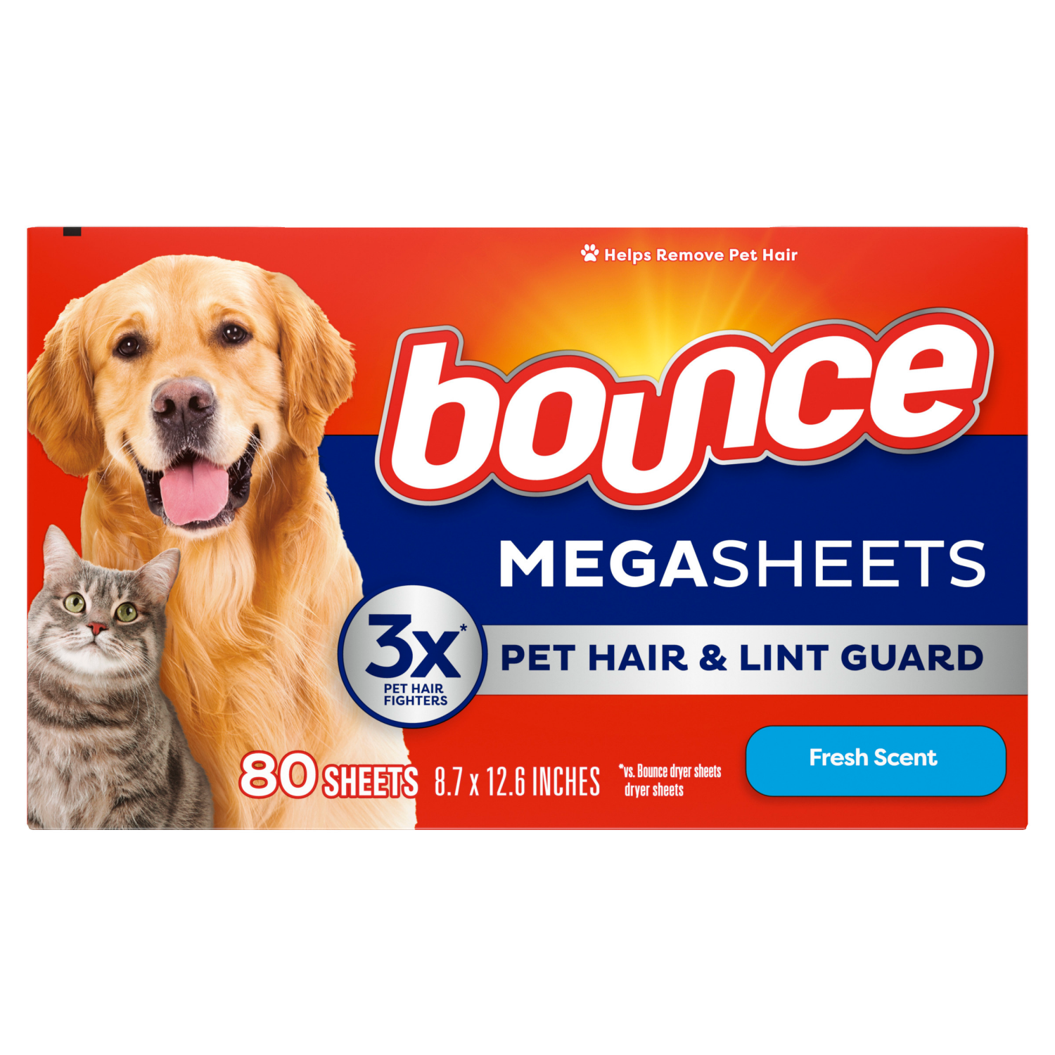 slide 3 of 5, Bounce Pet Hair and Lint Guard Mega Dryer Sheets with 3X Pet Hair Fighters, Fresh Scent, 80 Count, 80 ct