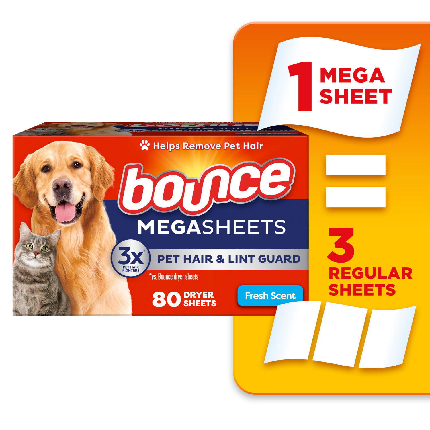 slide 1 of 5, Bounce Pet Hair and Lint Guard Mega Dryer Sheets with 3X Pet Hair Fighters, Fresh Scent, 80 Count, 80 ct