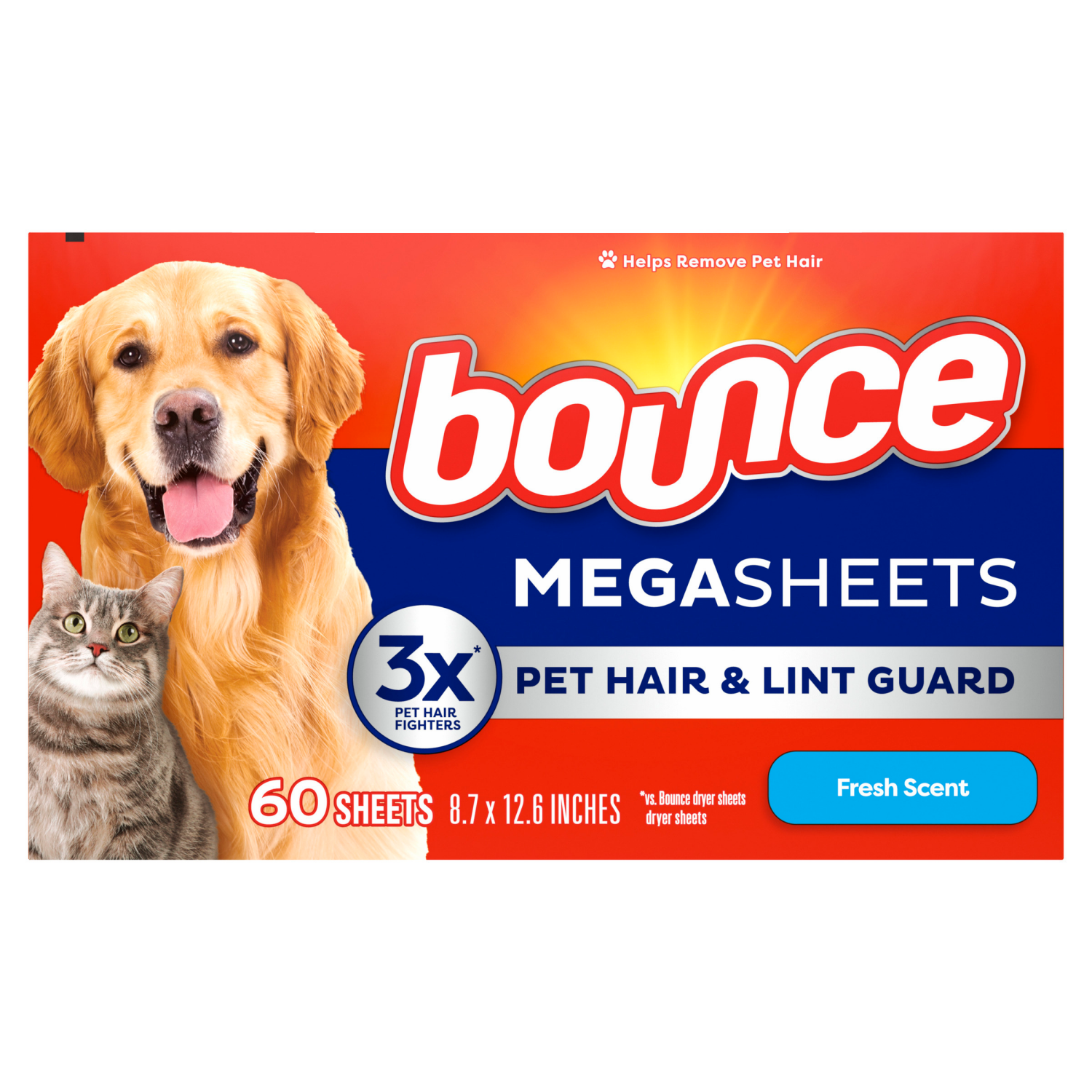 slide 3 of 5, Bounce Pet Hair and Lint Guard Mega Dryer Sheets with 3X Pet Hair Fighters, Fresh Scent, 60 Count, 60 ct