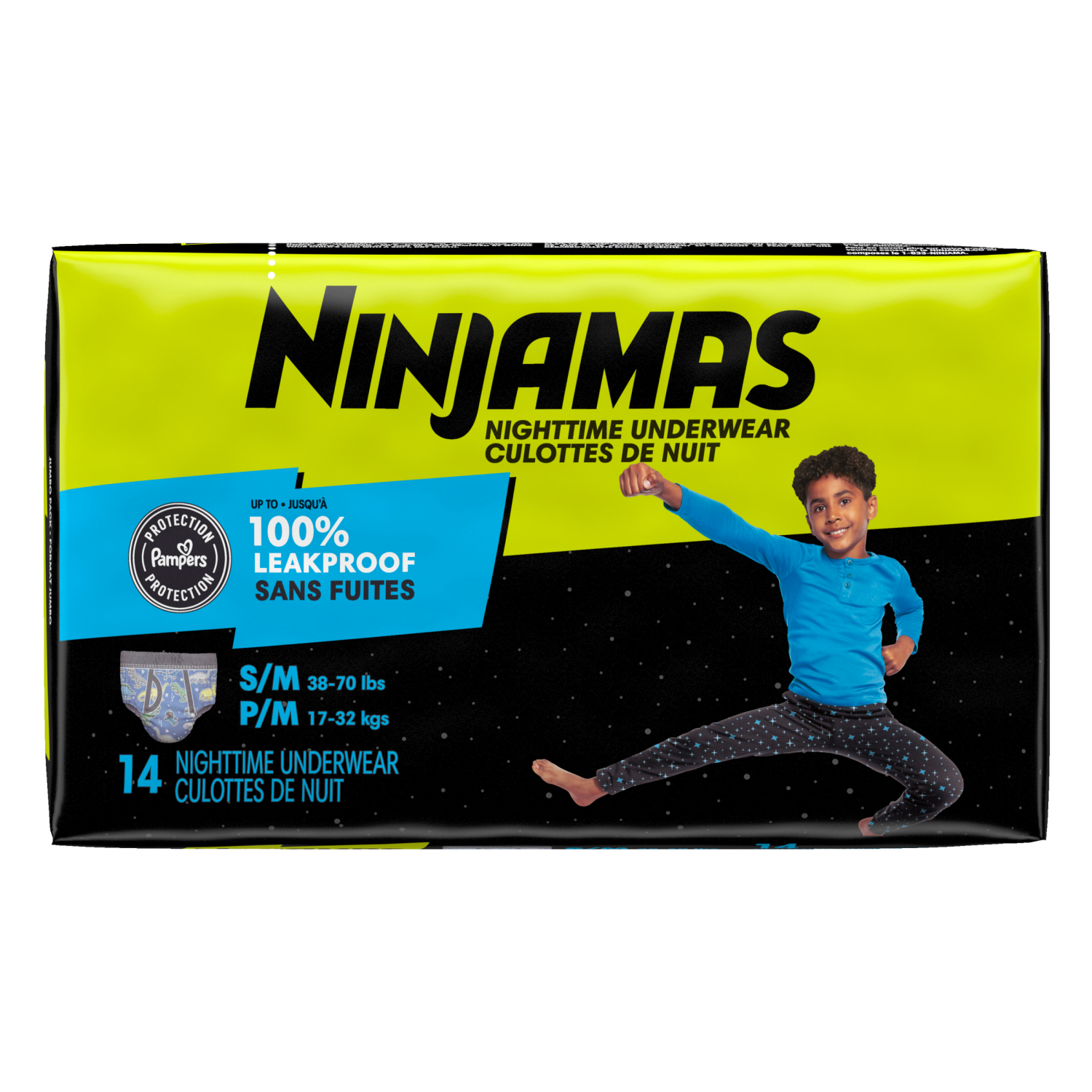 slide 3 of 8, Ninjamas Boys Bedwetting Nighttime Underwear, Size S/M (38-70 lbs), 14 Count, 14 ct