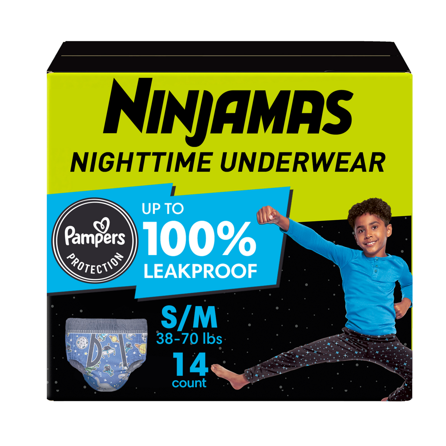 slide 1 of 5, Ninjamas Boys Bedwetting Nighttime Underwear, Size S/M (38-70 lbs), 14 Count, 14 ct