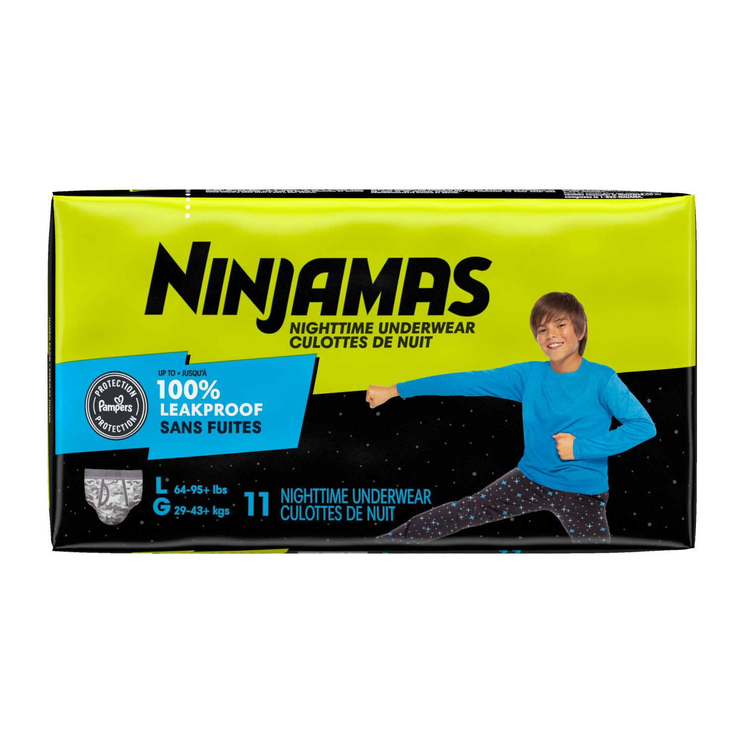 slide 3 of 8, Ninjamas Boys Bedwetting Nighttime Underwear, Size L (64-95+ lbs), 11 Count, 11 ct