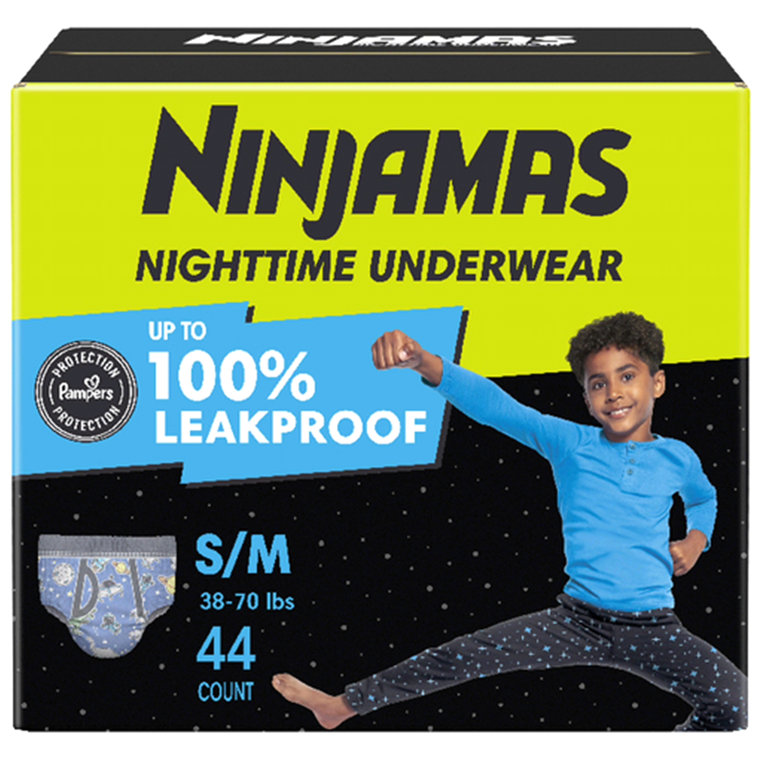 slide 1 of 8, Ninjamas Boys Bedwetting Nighttime Underwear, Size S/M (38-70 lbs), 44 Count, 44 ct