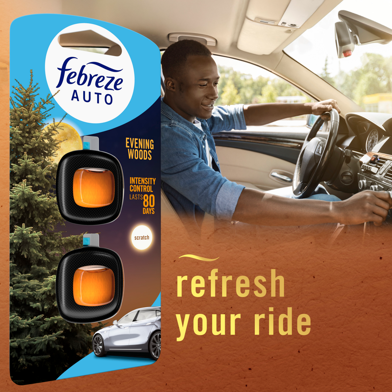 slide 8 of 8, Febreze Auto Vent Clip Evening Woods Air Freshener 0.06 fl oz, 0.06 fl oz