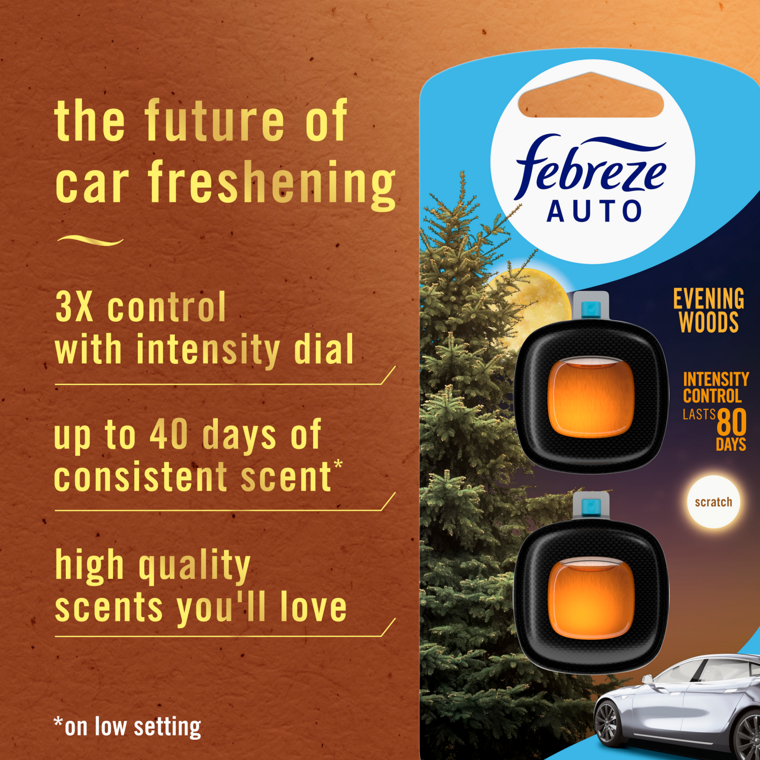 slide 5 of 8, Febreze Auto Vent Clip Evening Woods Air Freshener 0.06 fl oz, 0.06 fl oz