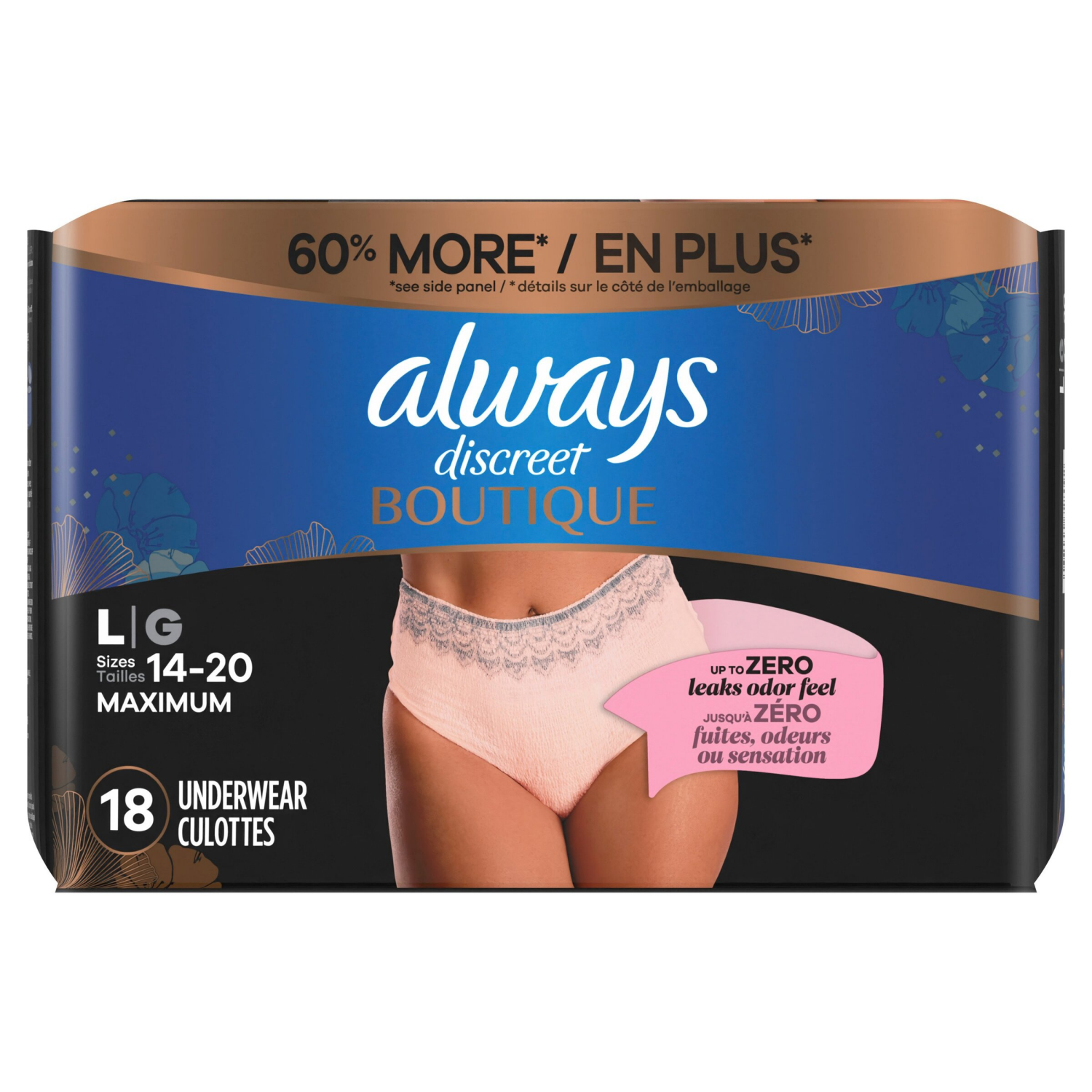 slide 3 of 8, Always Discreet Boutique Incontinence and Postpartum Underwear for Women, Maximum Protection, L, Rosy, 18 Count, 18 ct