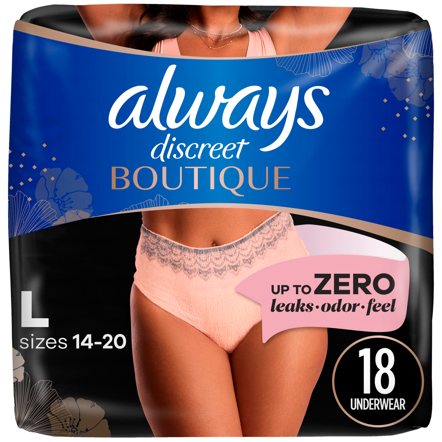 slide 1 of 8, Always Discreet Boutique Incontinence and Postpartum Underwear for Women, Maximum Protection, L, Rosy, 18 Count, 18 ct