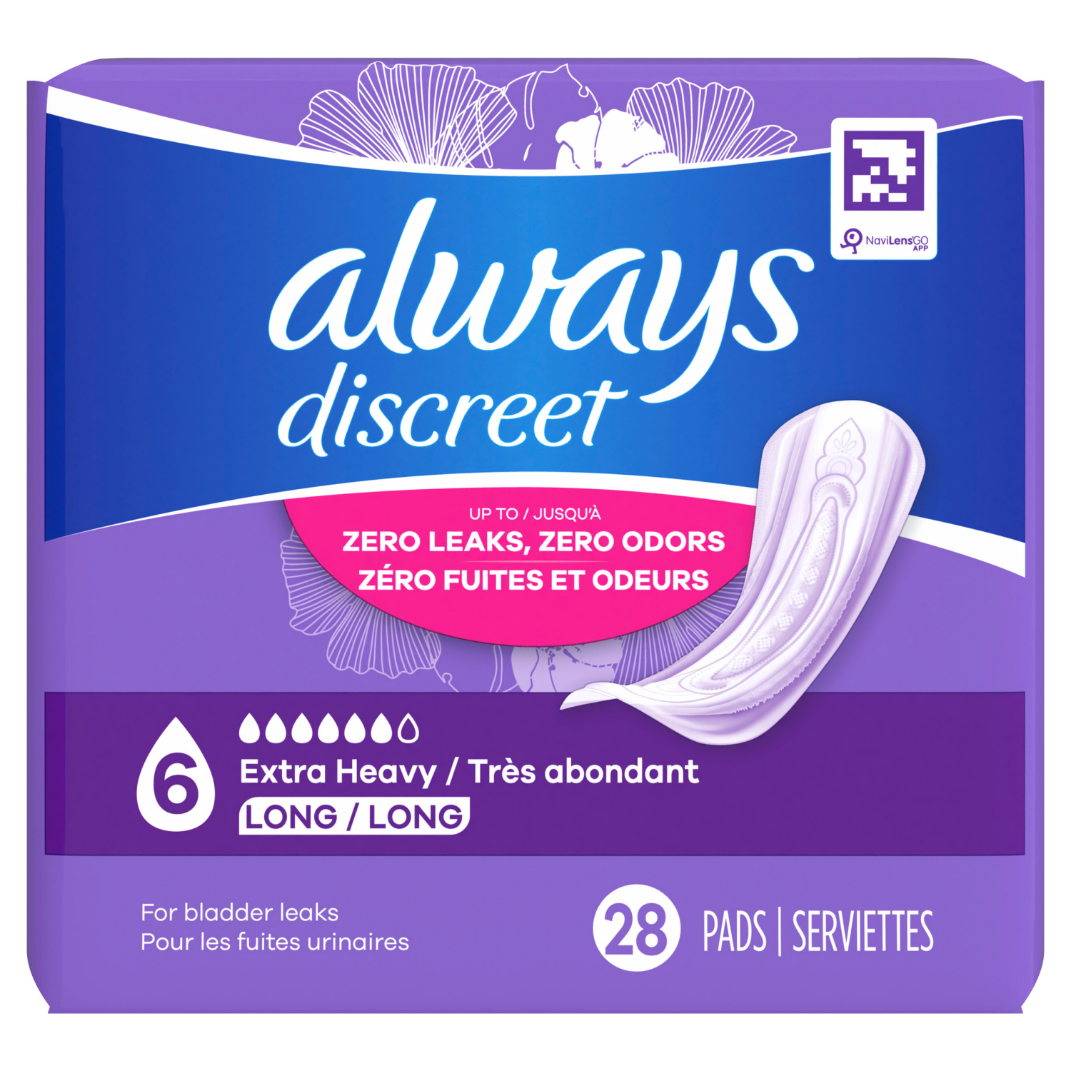 slide 3 of 8, Always Discreet Adult Incontinence Pads for Women, Extra Heavy Absorbency, Long Length, Postpartum Pads, 28 CT, 28 ct