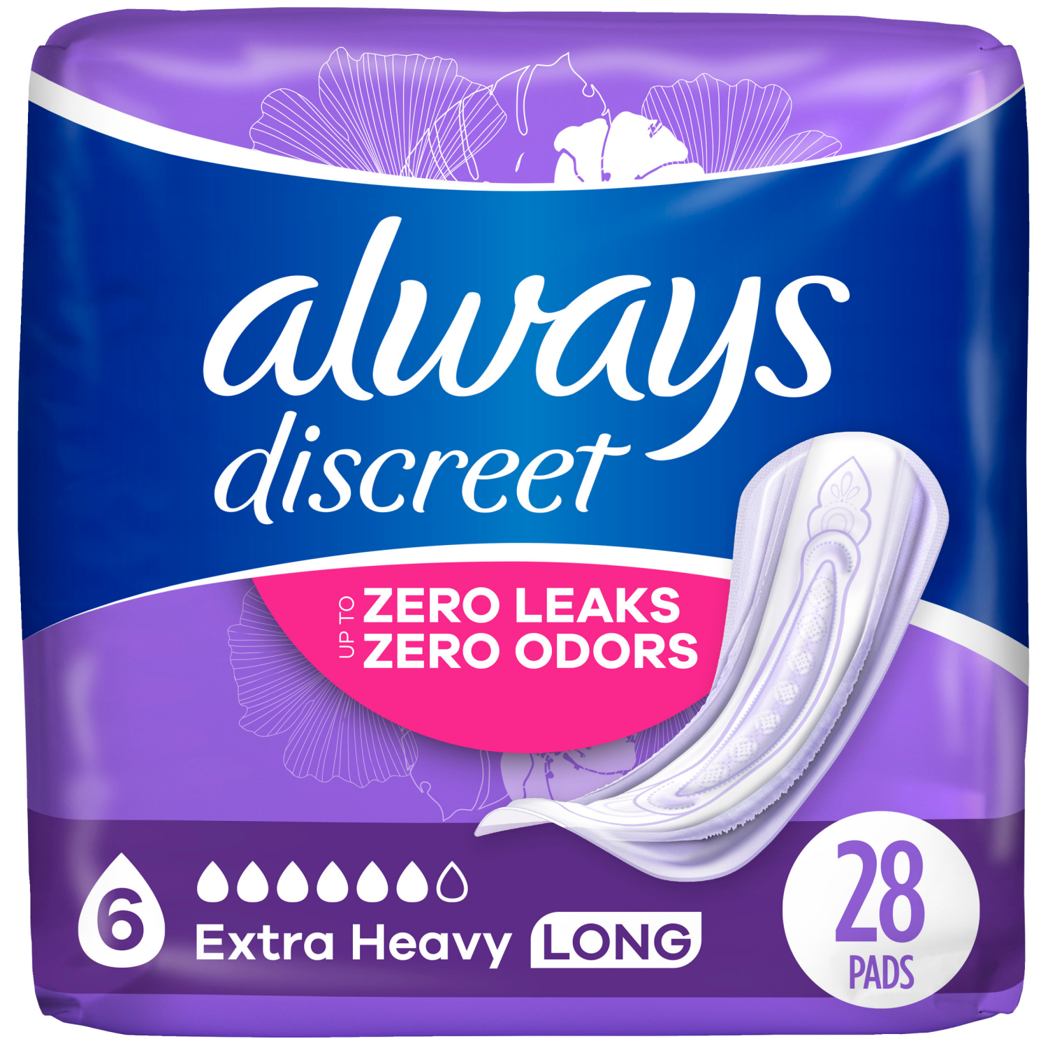 slide 1 of 8, Always Discreet Adult Incontinence Pads for Women, Extra Heavy Absorbency, Long Length, Postpartum Pads, 28 CT, 28 ct