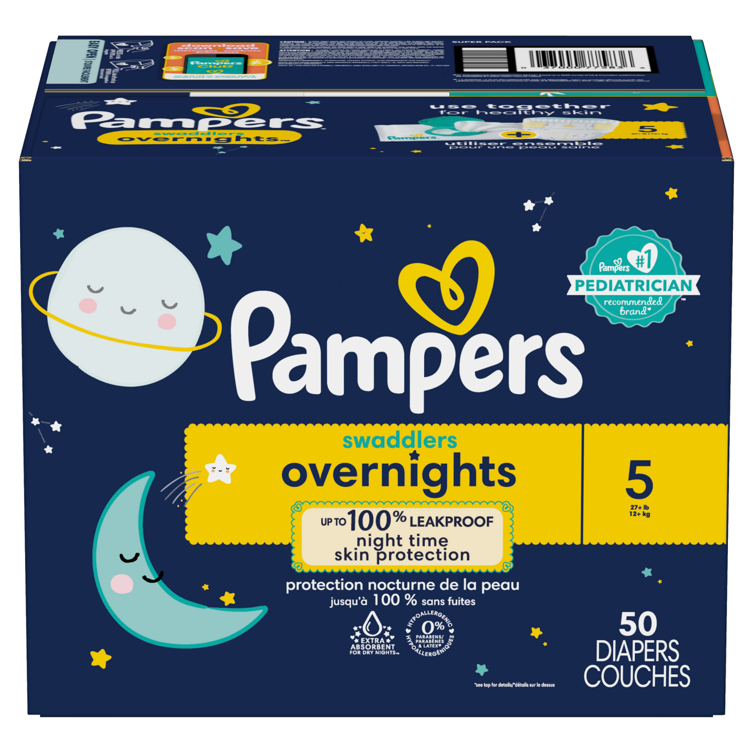 slide 3 of 8, Pampers ZZZ Overnight Diapers, Size 5 (27+ lbs), 50 Count, Nighttime Protection Disposable Baby Diaper, 50 ct