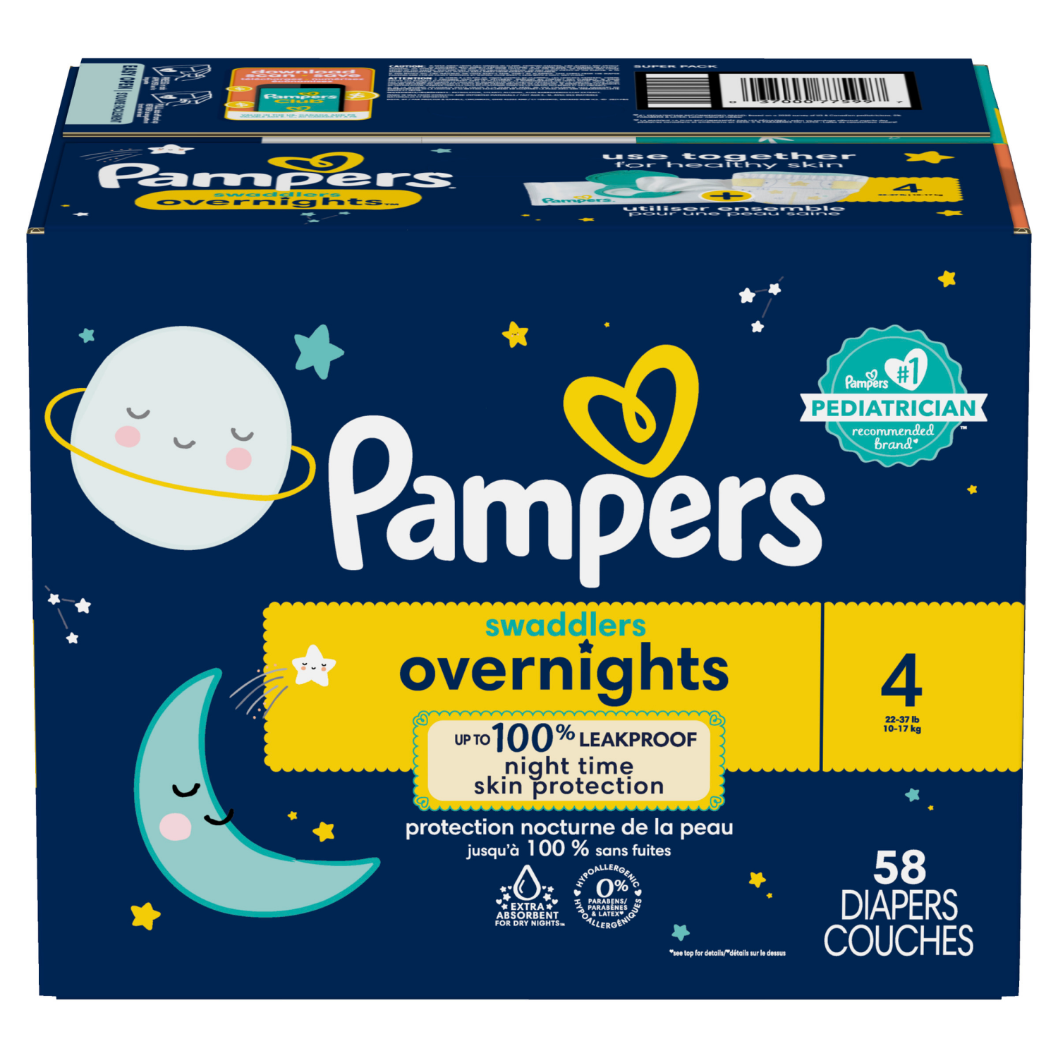 slide 3 of 8, Pampers Swaddlers Overnight Diapers Size 4 58 count, 58 ct